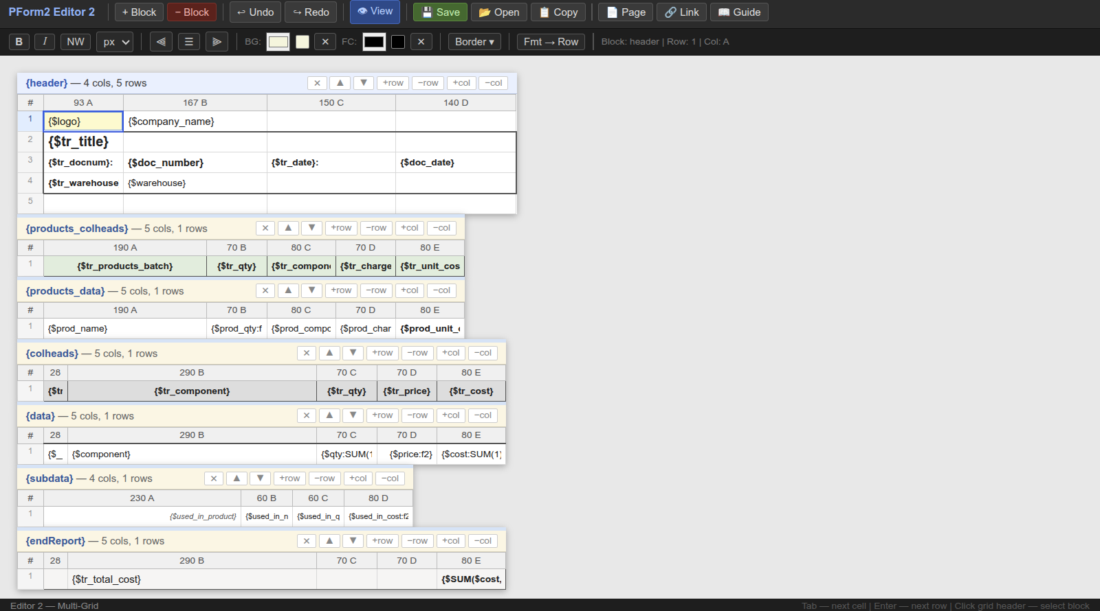 Editor2: a workshop cost matrix template with nested product/component blocks